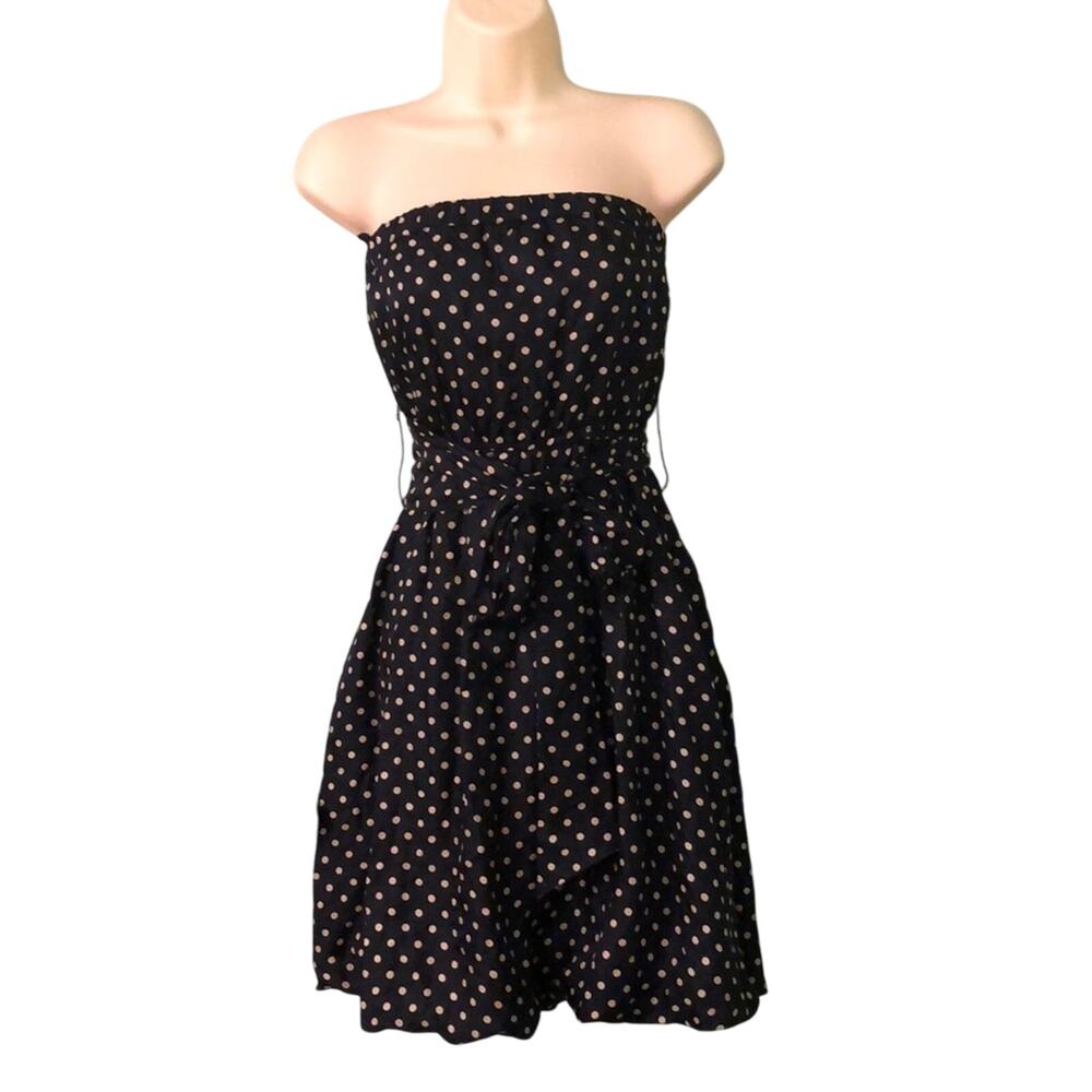 BCBG Maxazria Black Polka Dot Silk Dress XS Strapless Lined Vacation Cruise